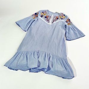 Zara Dress | pinstripe drop waist with embroidery